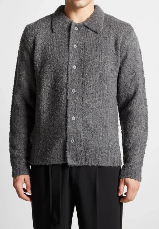 Boucle Knit Button Up Cardigan - Grey