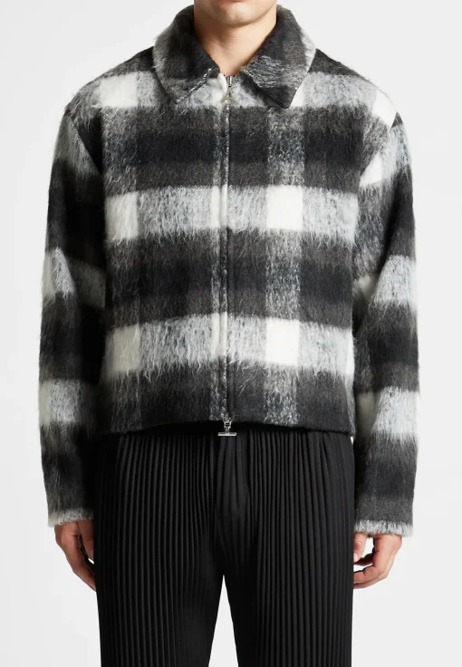 Boxy Check Jacket With Borg Collar - Black/White