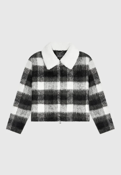 Boxy Check Jacket With Borg Collar - Black/White
