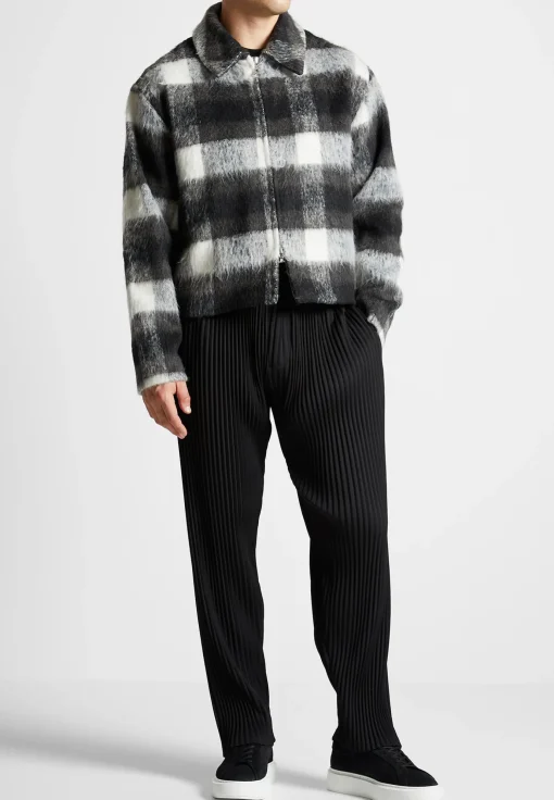 Boxy Check Jacket With Borg Collar - Black/White