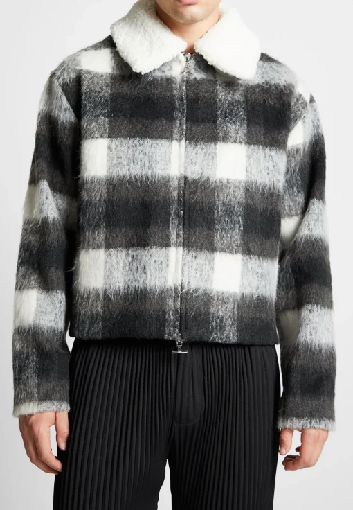 Boxy Check Jacket With Borg Collar - Black/White