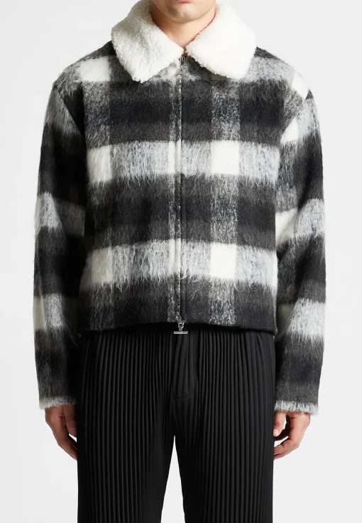 Boxy Check Jacket With Borg Collar - Black/White