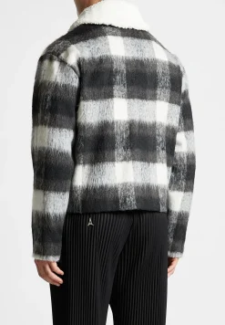 Boxy Check Jacket With Borg Collar - Black/White