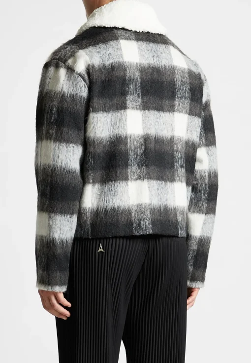 Boxy Check Jacket With Borg Collar - Black/White