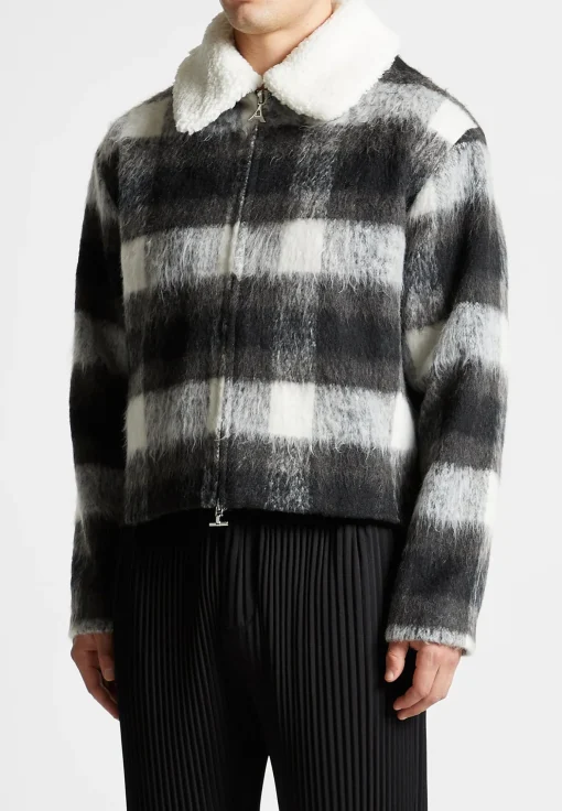 Boxy Check Jacket With Borg Collar - Black/White