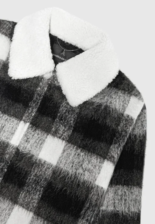 Boxy Check Jacket With Borg Collar - Black/White