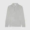 Cotton Blend Waffle Knit Long Sleeve Polo Top - Grey