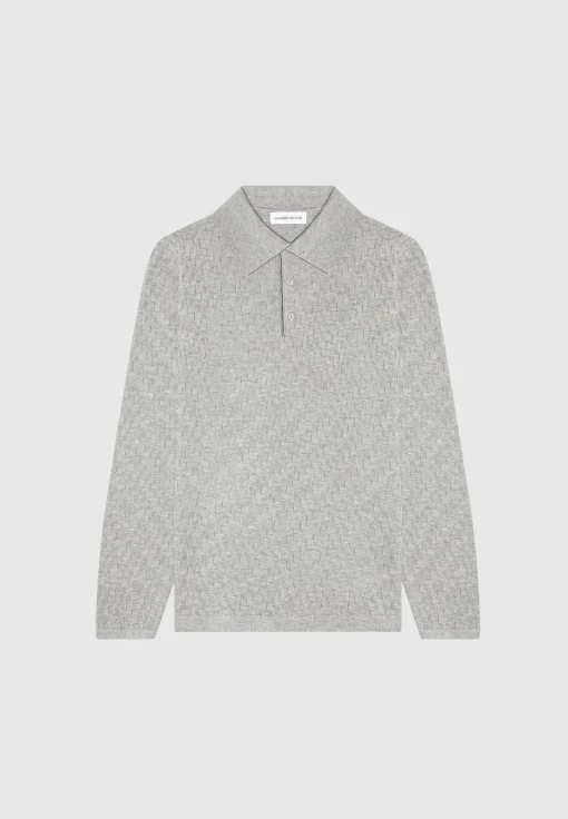 Cotton Blend Waffle Knit Long Sleeve Polo Top - Grey