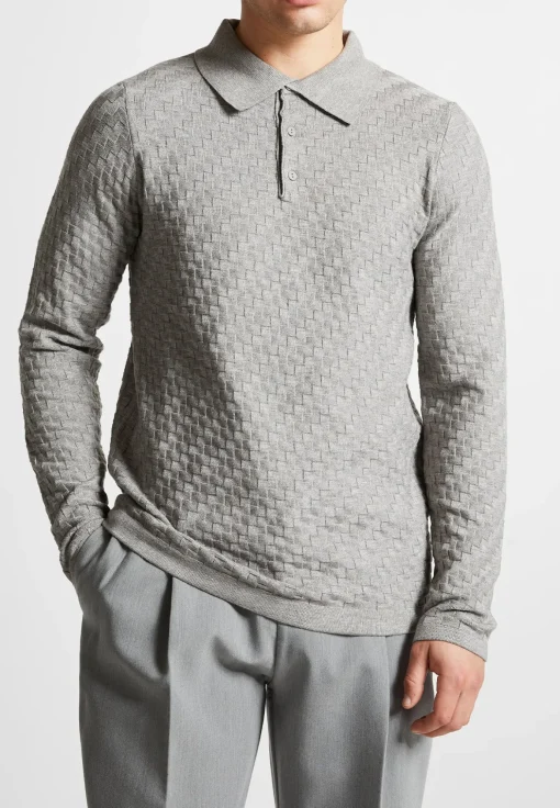 Cotton Blend Waffle Knit Long Sleeve Polo Top - Grey