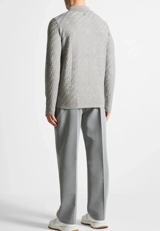 Cotton Blend Waffle Knit Long Sleeve Polo Top - Grey