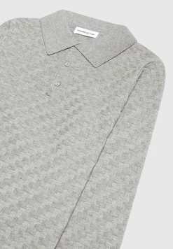 Cotton Blend Waffle Knit Long Sleeve Polo Top - Grey