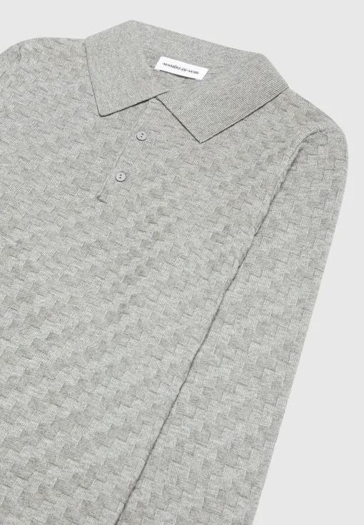 Cotton Blend Waffle Knit Long Sleeve Polo Top - Grey