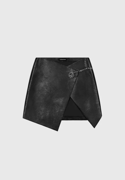 Cracked Vegan Leather Wrap Skirt - Black