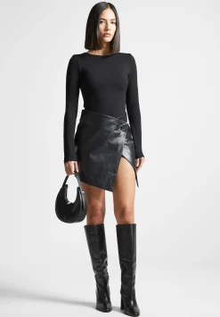 Cracked Vegan Leather Wrap Skirt - Black