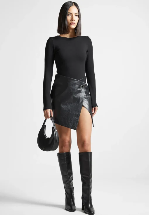 Cracked Vegan Leather Wrap Skirt - Black