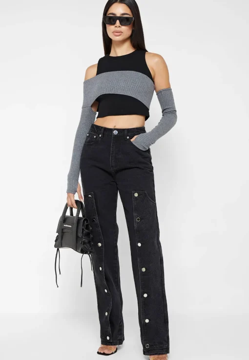 Crop Top with Knitted Overlay - Black/Grey
