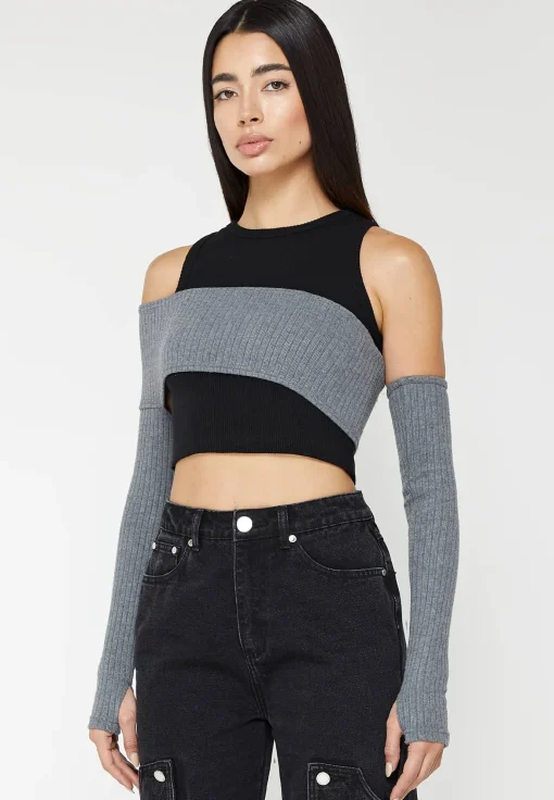 Crop Top with Knitted Overlay - Black/Grey