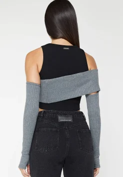 Crop Top with Knitted Overlay - Black/Grey