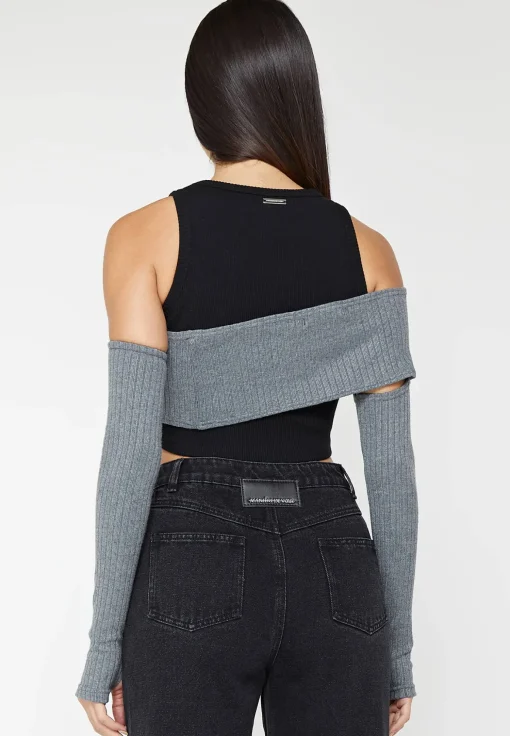 Crop Top with Knitted Overlay - Black/Grey