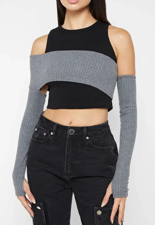 Crop Top with Knitted Overlay - Black/Grey