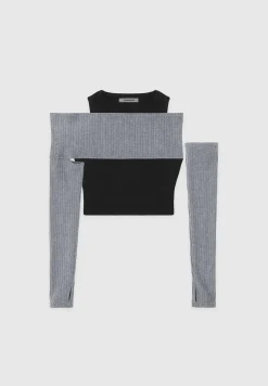 Crop Top with Knitted Overlay - Black/Grey