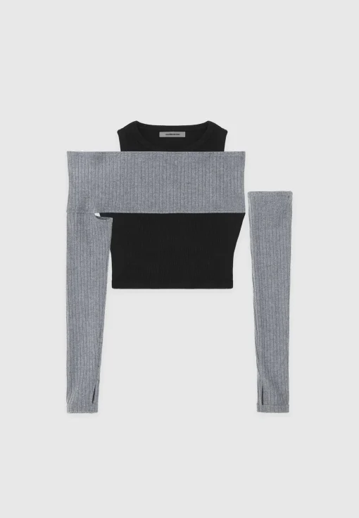 Crop Top with Knitted Overlay - Black/Grey