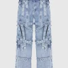 Denim Strap Cargo Jeans - Mid Blue