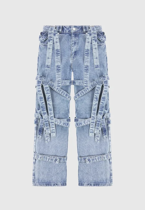 Denim Strap Cargo Jeans - Mid Blue