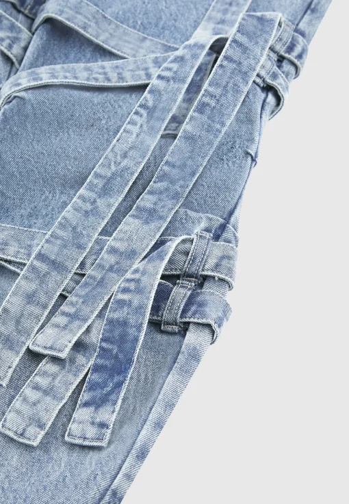Denim Strap Cargo Jeans - Mid Blue