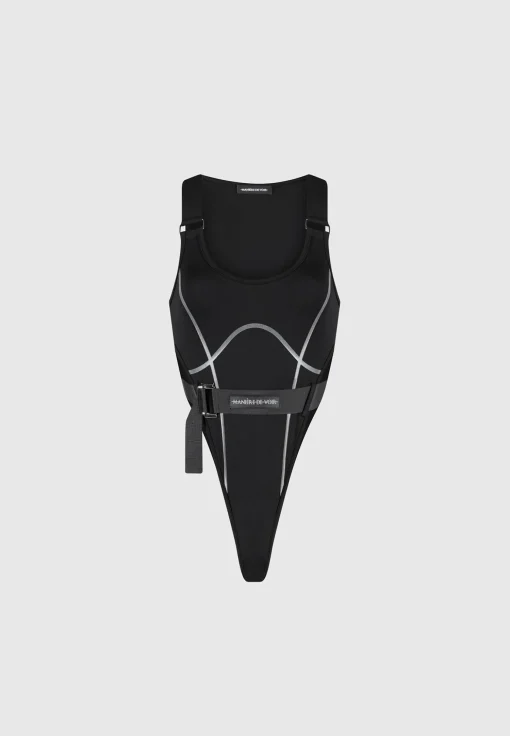 High Leg Reflective Bodysuit - Black