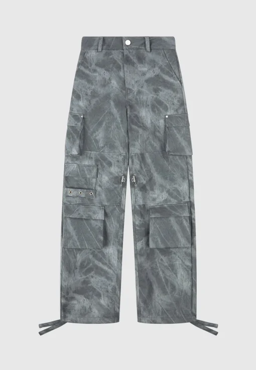 High Waisted Vintage Marble Leather Cargo Pants - Washed Grey