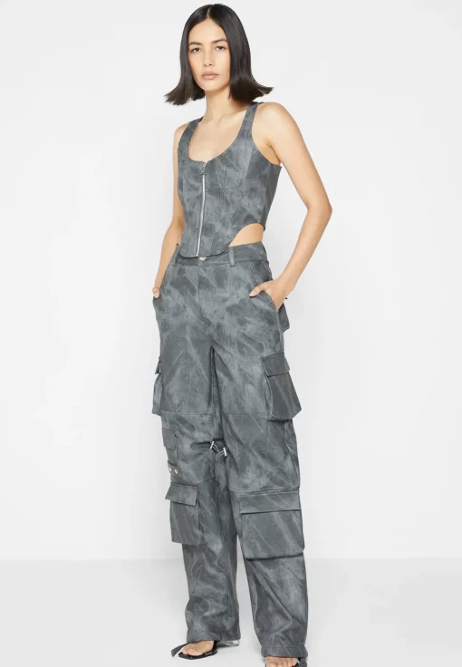 High Waisted Vintage Marble Leather Cargo Pants - Washed Grey