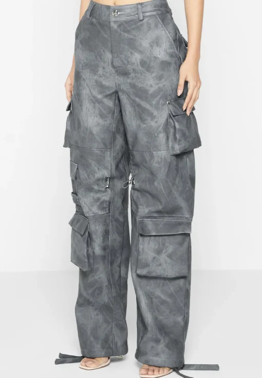 High Waisted Vintage Marble Leather Cargo Pants - Washed Grey