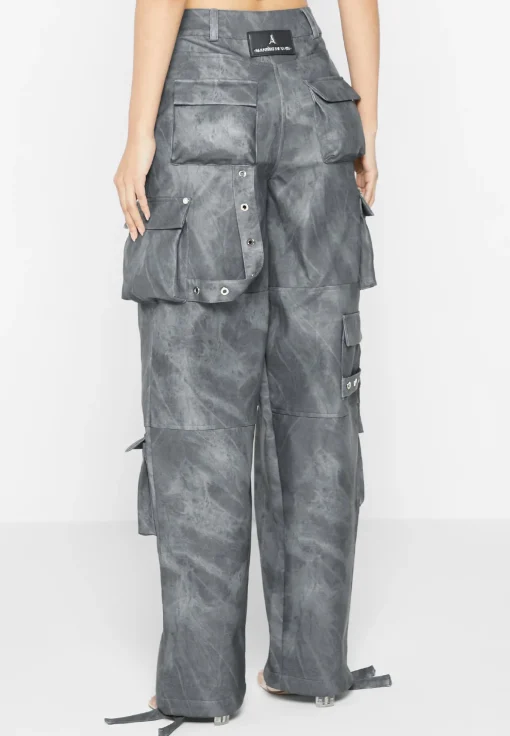 High Waisted Vintage Marble Leather Cargo Pants - Washed Grey
