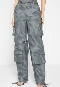 High Waisted Vintage Marble Leather Cargo Pants - Washed Grey