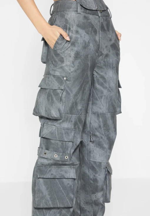 High Waisted Vintage Marble Leather Cargo Pants - Washed Grey