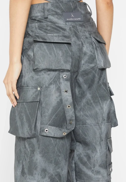 High Waisted Vintage Marble Leather Cargo Pants - Washed Grey