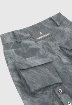 High Waisted Vintage Marble Leather Cargo Pants - Washed Grey
