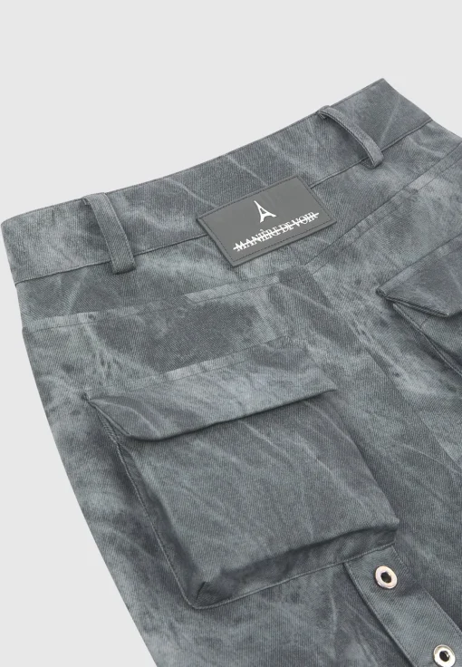 High Waisted Vintage Marble Leather Cargo Pants - Washed Grey