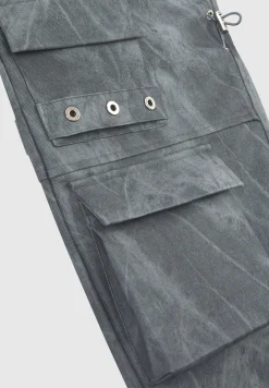 High Waisted Vintage Marble Leather Cargo Pants - Washed Grey