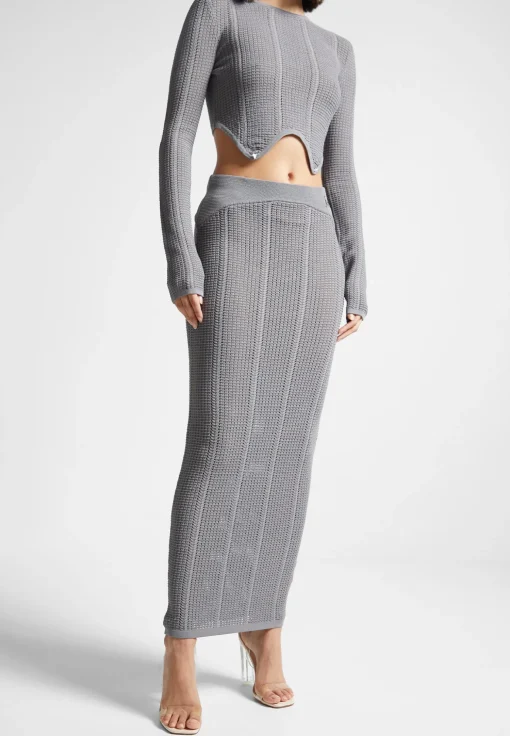 2-in-1 Long Sleeve Knitted Midaxi Dress - Grey