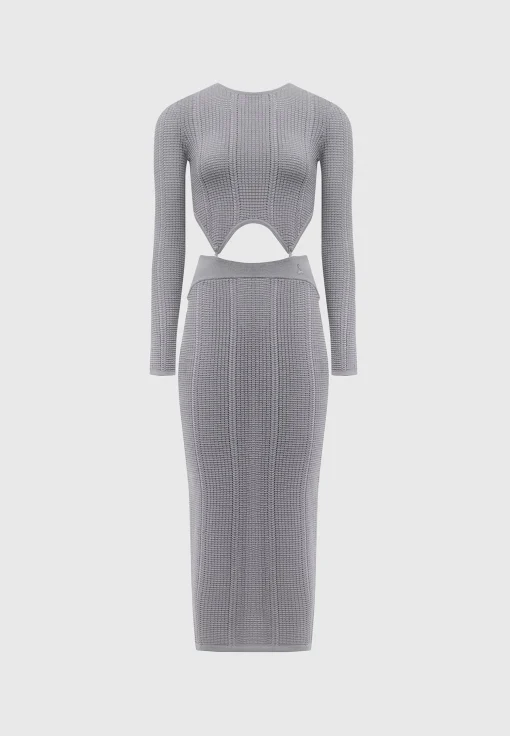 2-in-1 Long Sleeve Knitted Midaxi Dress - Grey