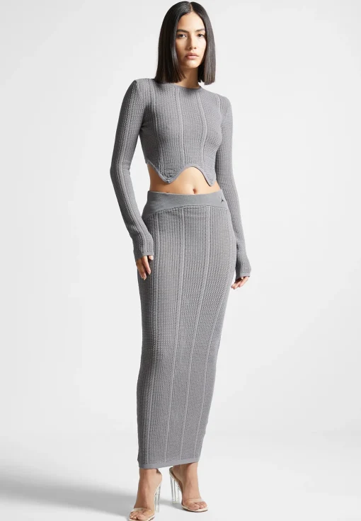 2-in-1 Long Sleeve Knitted Midaxi Dress - Grey