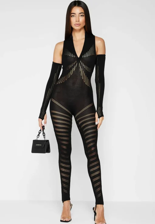 Knitted Contour Jumpsuit with Sleeves - Black
