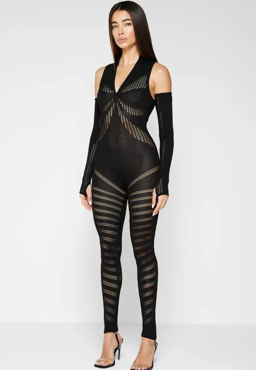 Knitted Contour Jumpsuit with Sleeves - Black