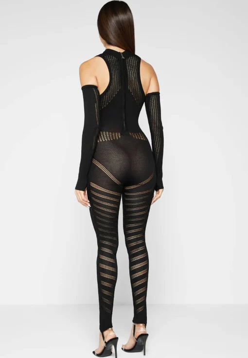 Knitted Contour Jumpsuit with Sleeves - Black