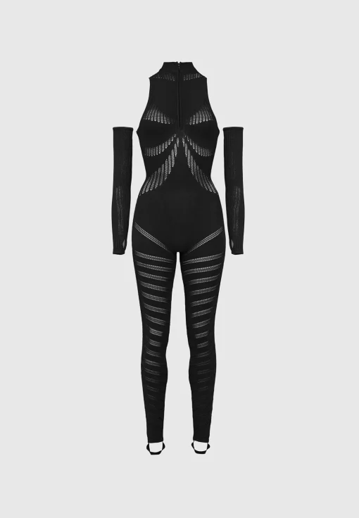 Knitted Contour Jumpsuit with Sleeves - Black