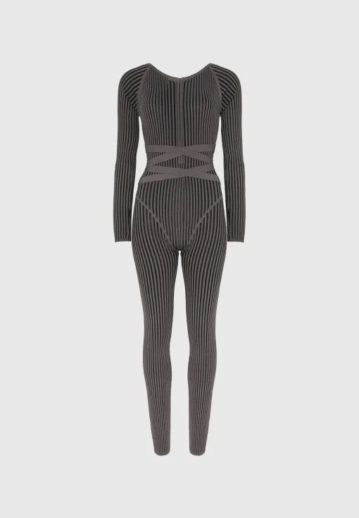 Knitted Two Tone Jumpsuit with Belt - Grey/Black