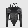 Mesh and Vegan Leather Bardot Bodysuit - Black