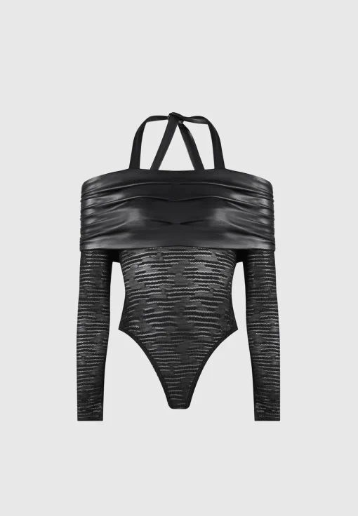 Mesh and Vegan Leather Bardot Bodysuit - Black